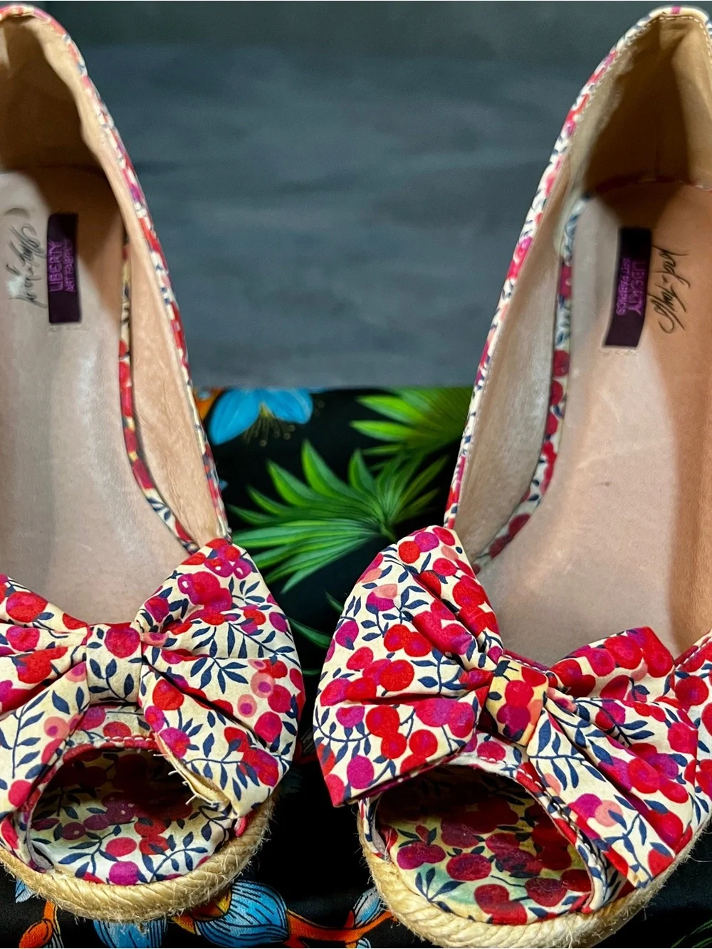 Vtg Liberty Art Fabrics Wms Floral Bow Wedge Peep Toe Cottagecore‎ Espadrille 9